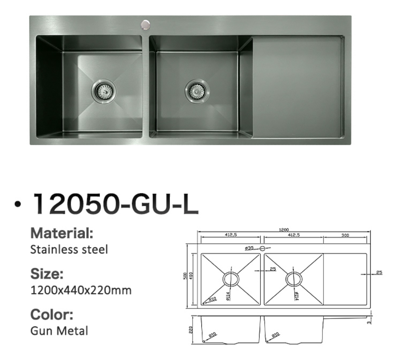 1200mm gun metal double bowl stainless steel kitchen sink with side drainboard.