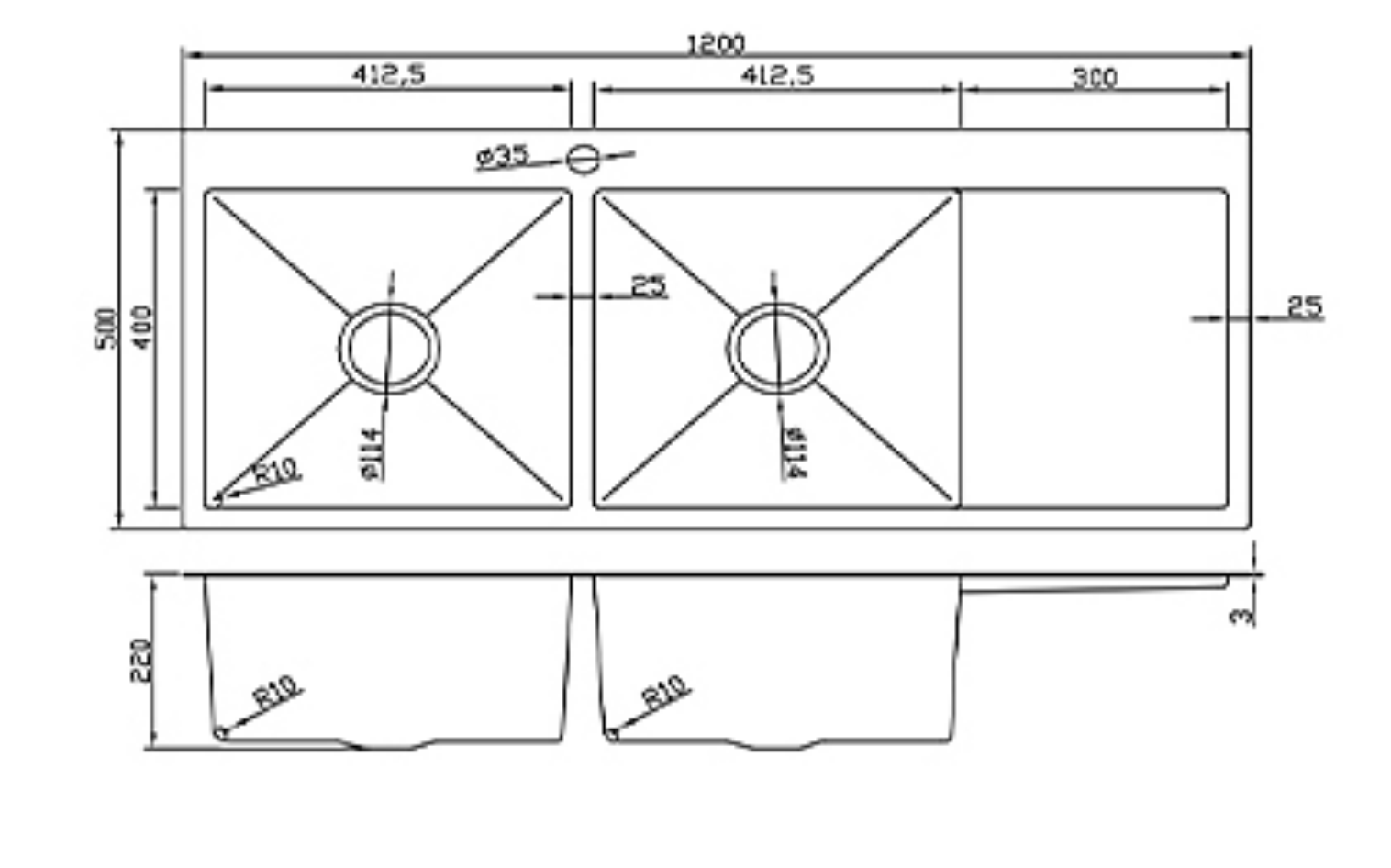 Technical drawing of a double bowl kitchen sink with drainboard, featuring dimensions 1200x500x220mm.