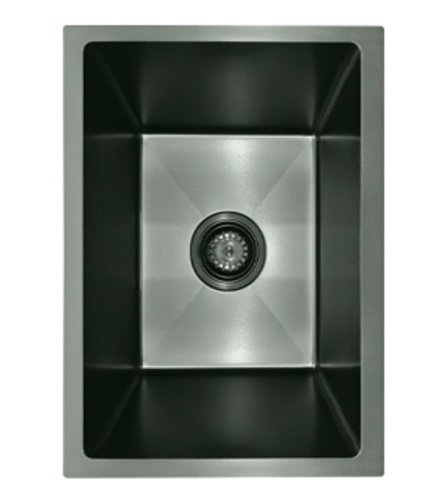 Modern gunmetal grey rectangular single bowl undermount bar sink with deep basin and center drain.