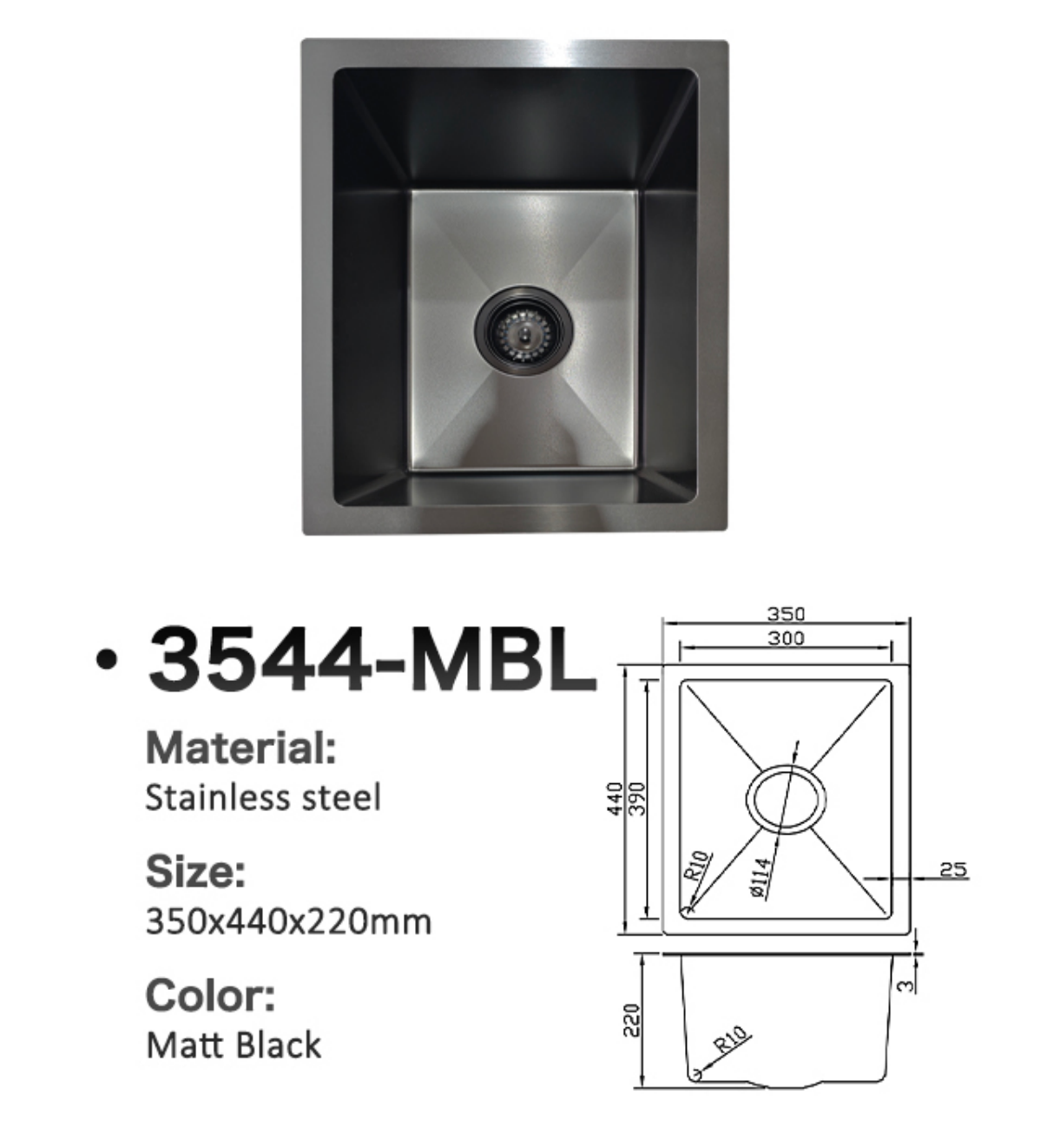 Matt black stainless steel single bowl kitchen sink 350x440x220mm with dimension diagram.