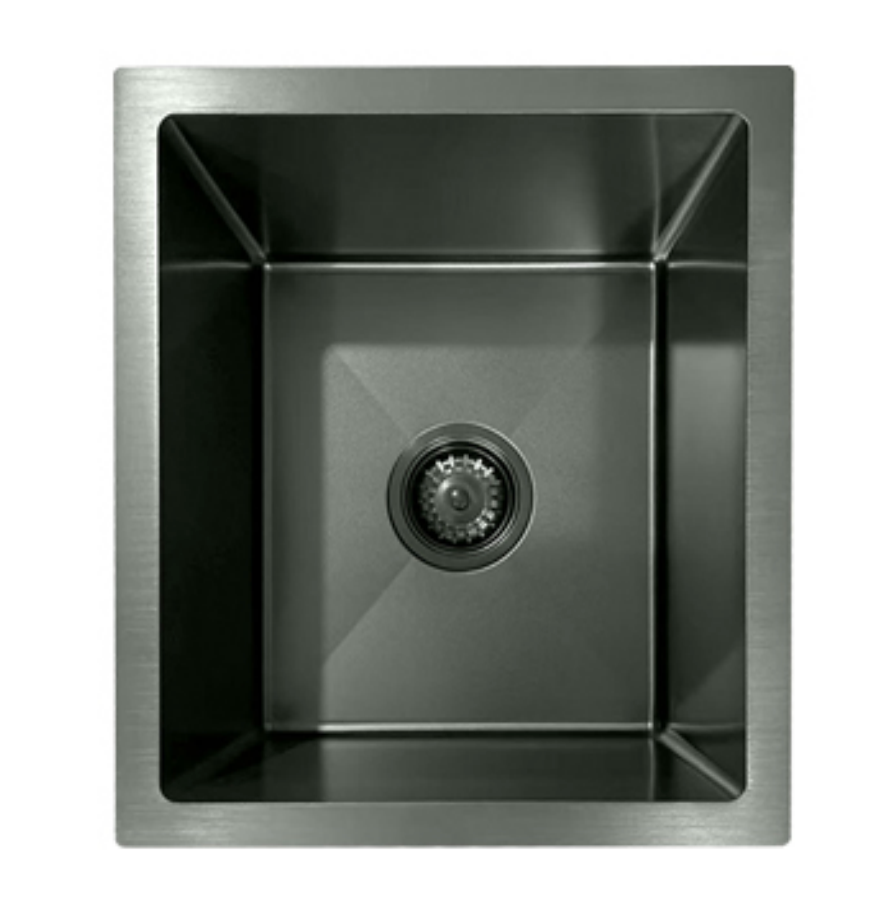 Gunmetal gray single bowl stainless steel kitchen or bar sink with a brushed finish, top-down view.