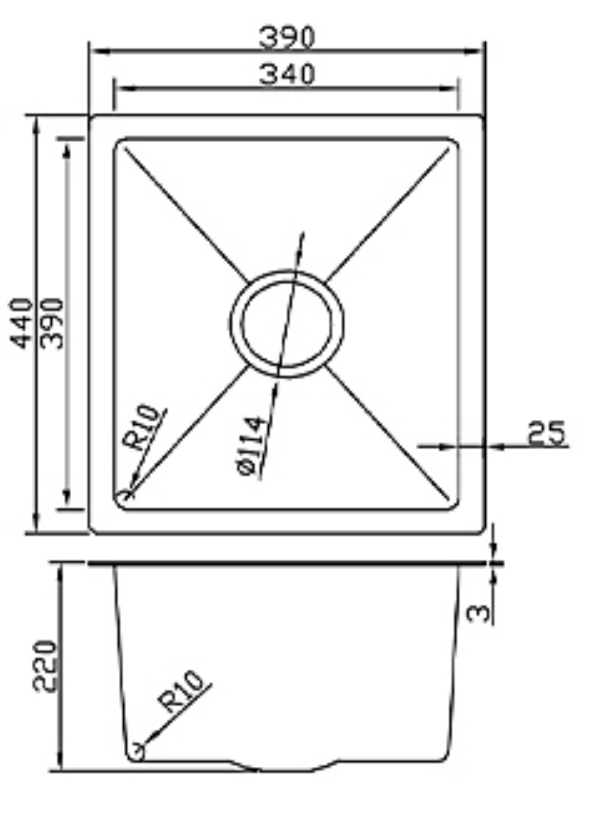 Technical diagram for a single bowl rectangular kitchen sink with 390x440mm dimensions and 220mm bowl depth.