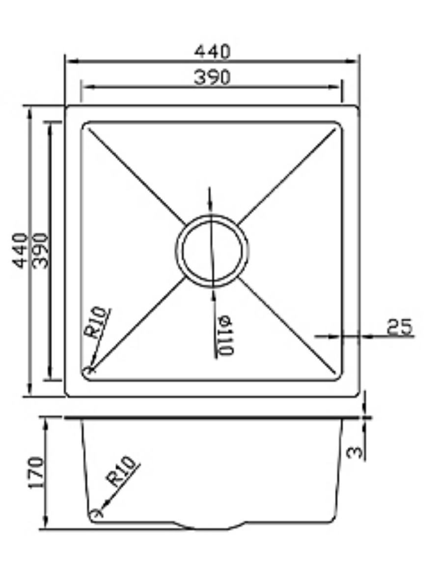 Technical drawing of a 440x440mm square kitchen sink showing dimensions, 170mm depth, and top and side views.