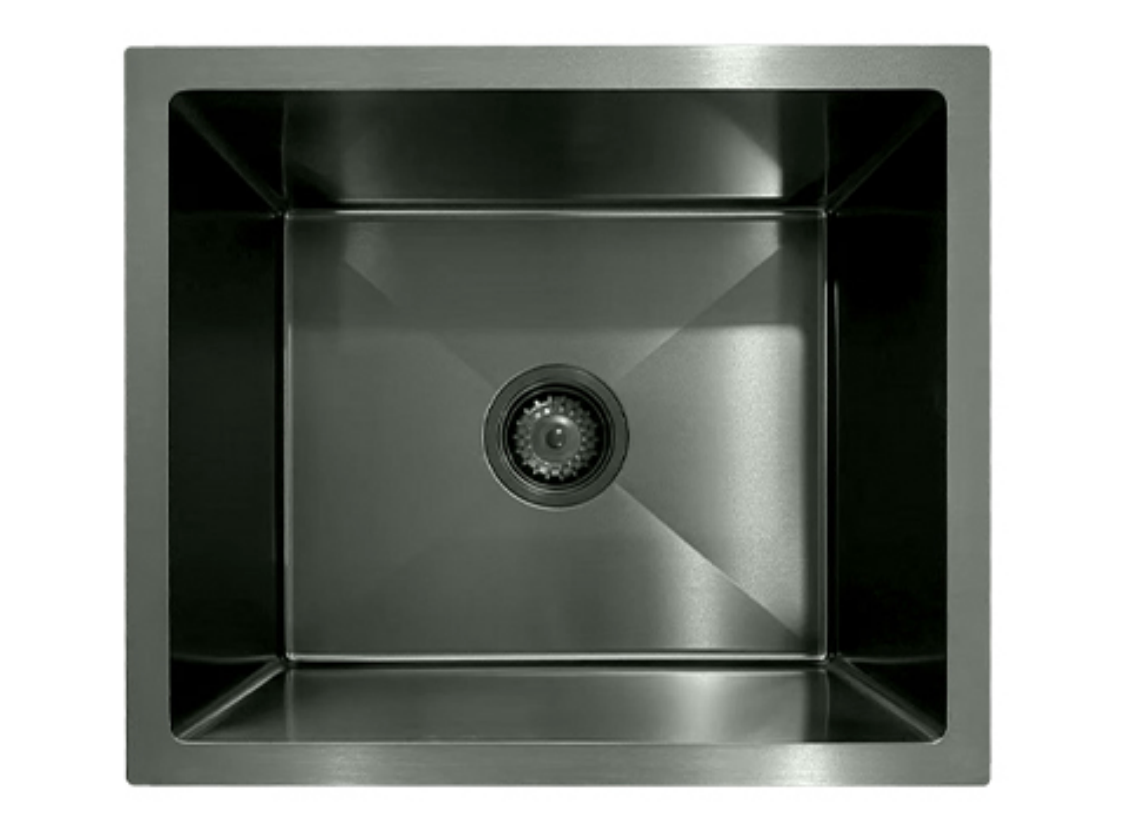Modern gunmetal gray stainless steel square single bowl kitchen sink with a central drain and brushed finish.