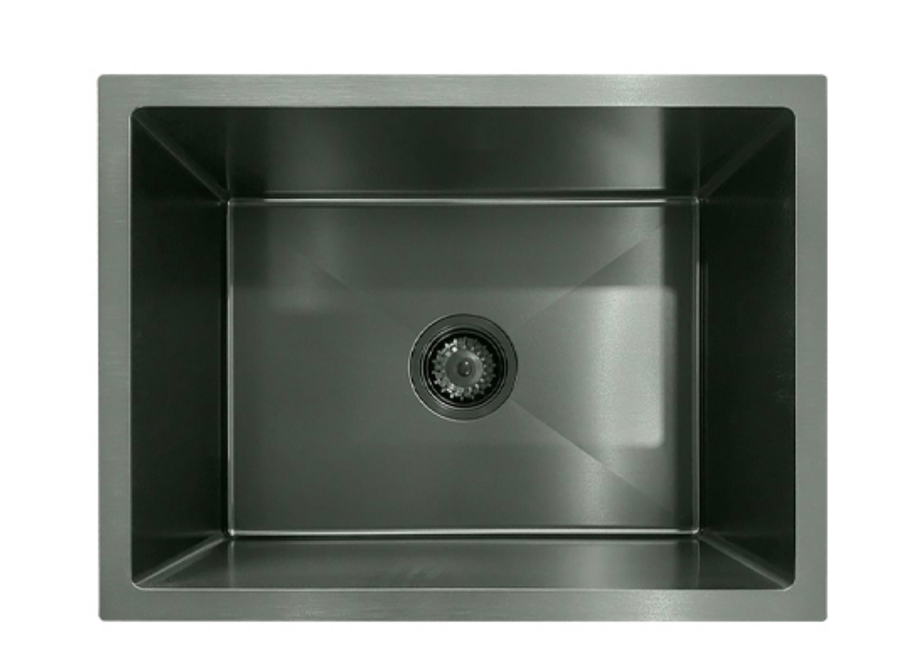 Gunmetal black stainless steel single bowl kitchen sink with modern rectangular design and center drain.