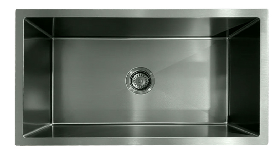 Modern rectangular single bowl stainless steel undermount kitchen sink with brushed finish and center drain.