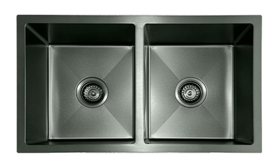 Modern black stainless steel double bowl kitchen sink with dual drain strainers and sleek undermount design.