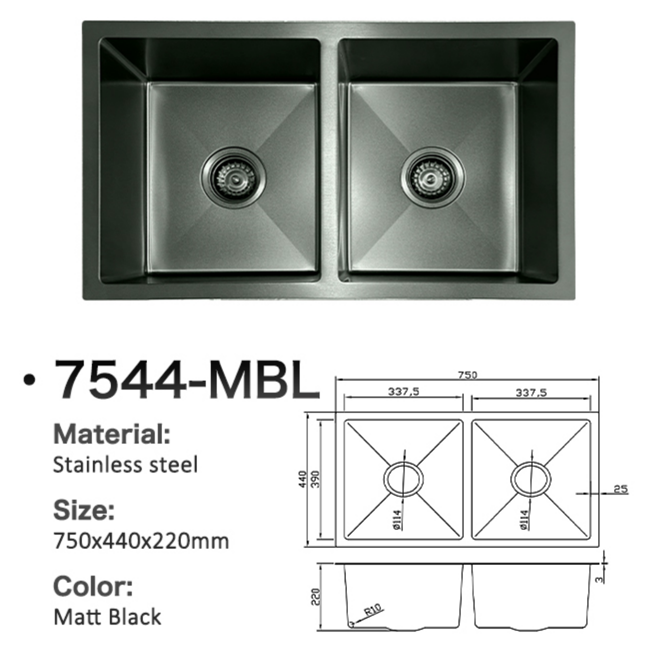 7544-MBL Matt Black Stainless Steel Double Bowl Kitchen Sink with 750x440x220mm technical specifications and diagram.