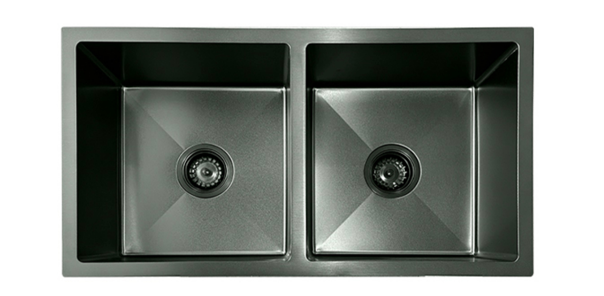 Gunmetal black double bowl undermount stainless steel kitchen sink with drainage grooves.