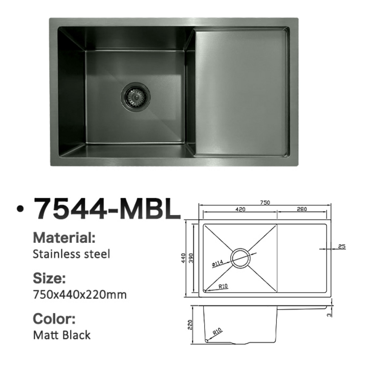 Matt black stainless steel single bowl kitchen sink with integrated drainer, 750x440x220mm, model 7544-MBL.