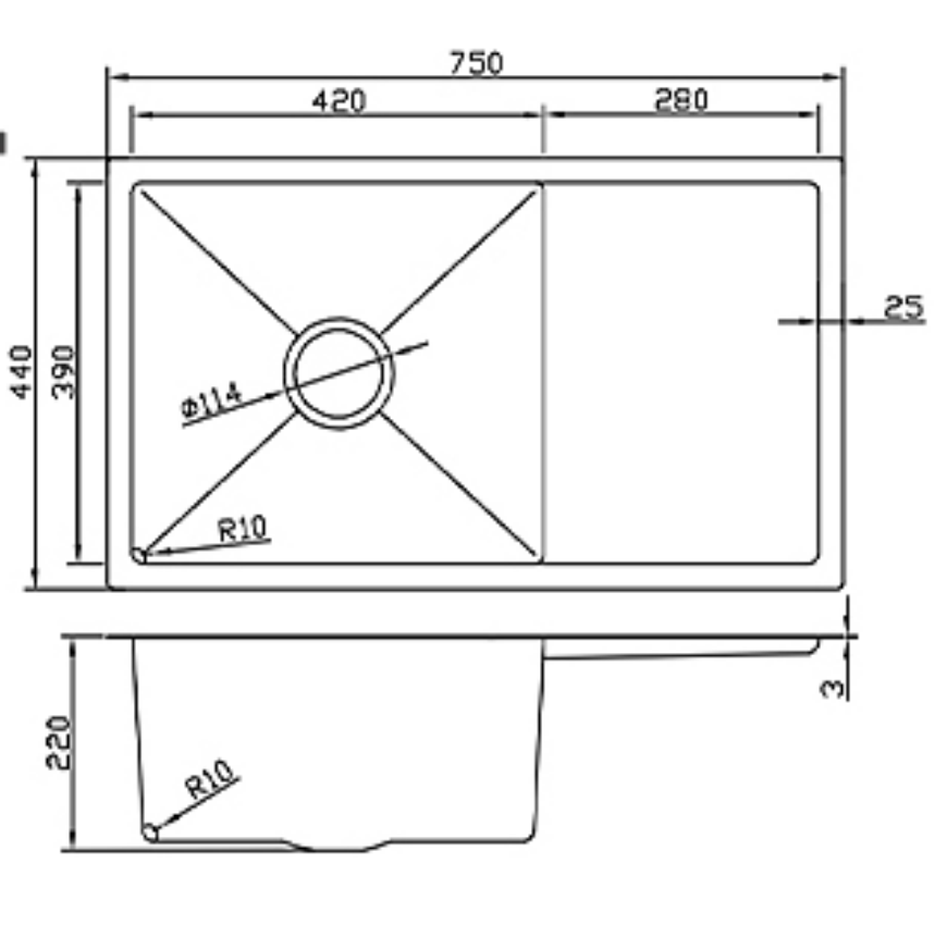 Technical drawing of a 750x440mm single bowl kitchen sink with drainboard showing dimensions and side profile.