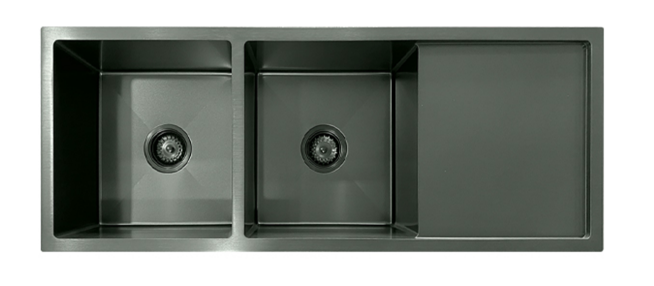 Modern gunmetal grey double bowl kitchen sink with integrated drainboard and matte finish.