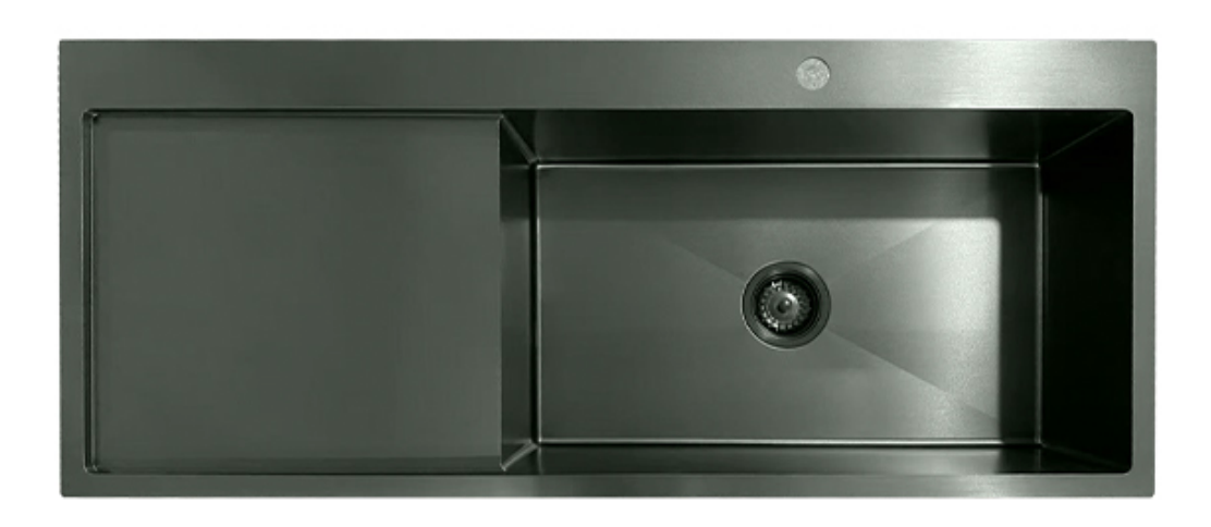 Modern gunmetal grey stainless steel single bowl kitchen sink with integrated side drainboard.