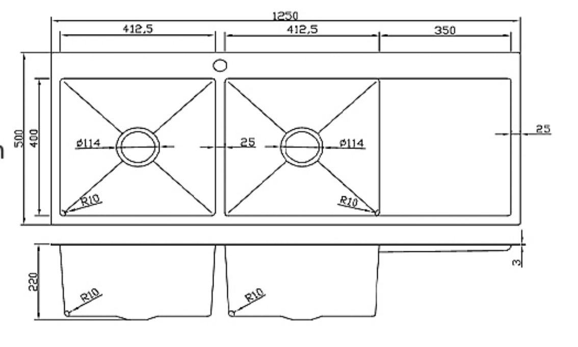 Technical drawing of a 1250mm double bowl kitchen sink with drainboard, showing specifications and dimensions.