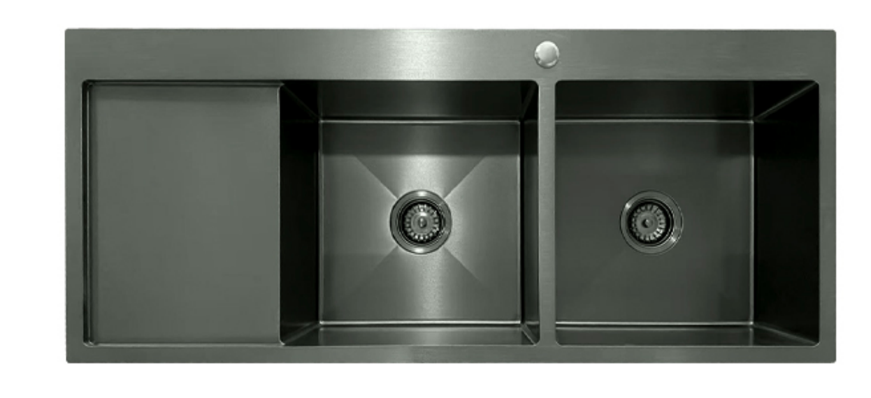 Modern gunmetal grey double bowl stainless steel kitchen sink with an integrated side drainboard.