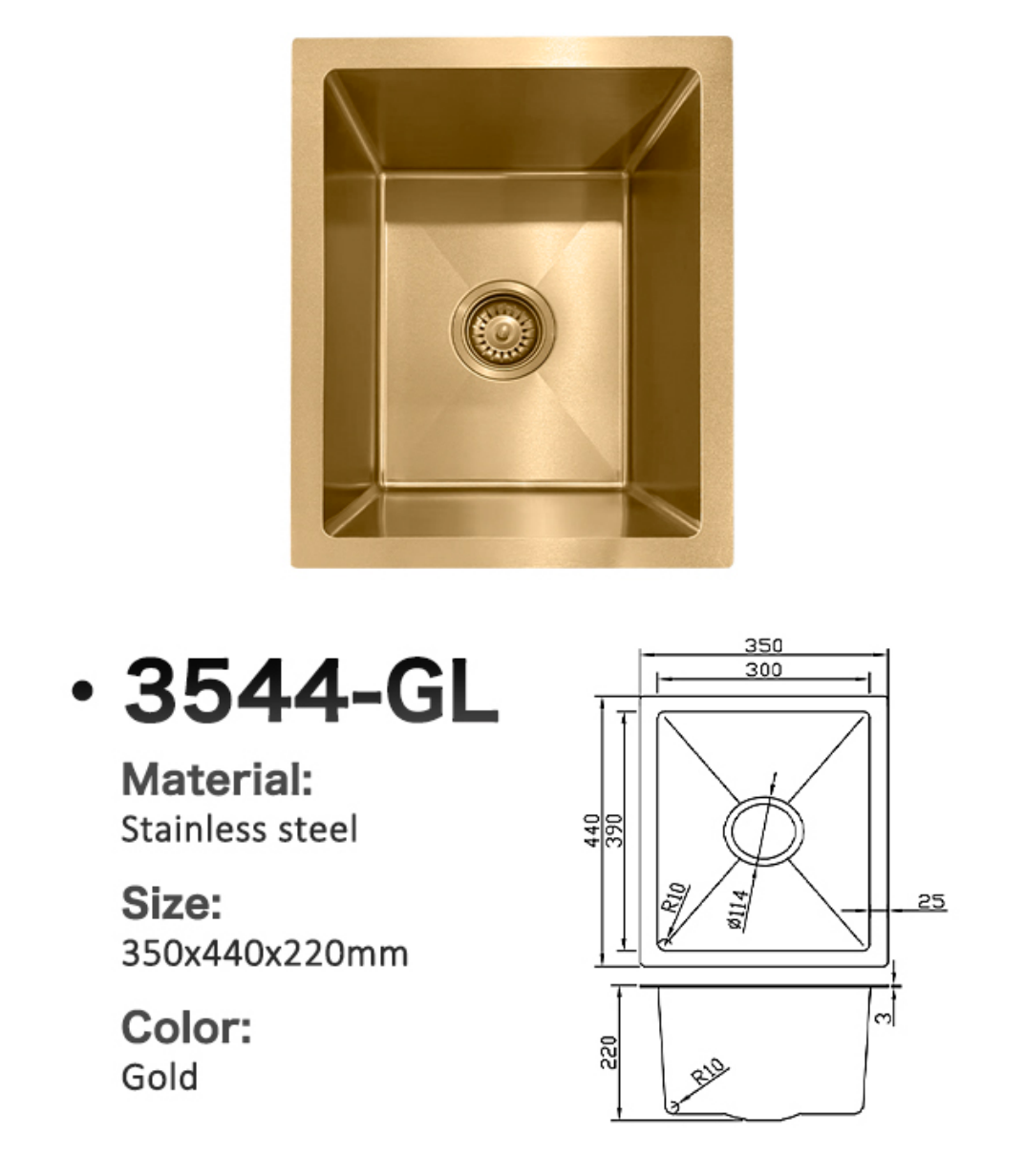 Gold stainless steel single bowl kitchen sink, model 3544-GL, size 350x440x220mm with dimensions diagram.