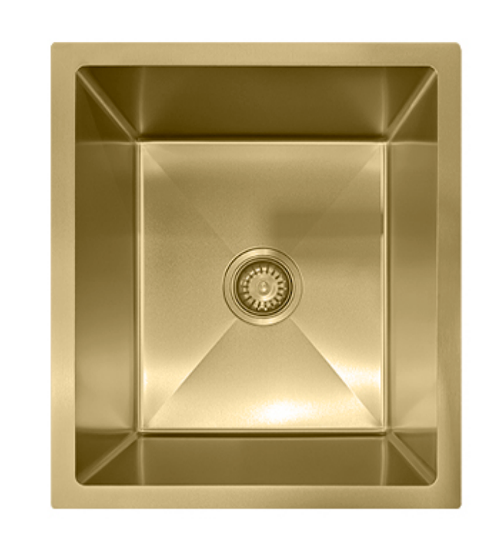 Square brushed gold single bowl kitchen or bar sink with a modern square design and central drain.