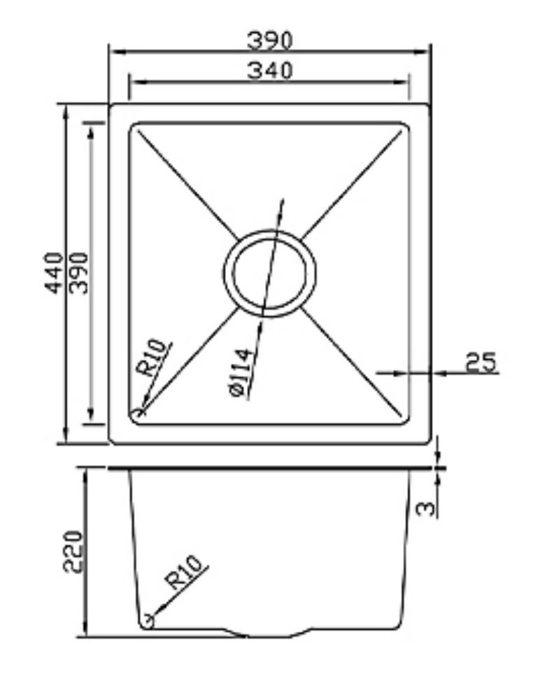 Technical schematic of a single bowl kitchen sink with dimensions 390x440x220mm and central drain hole.