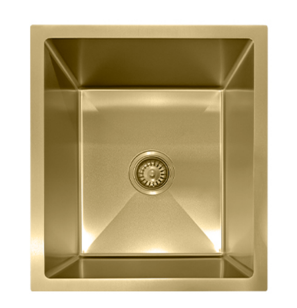 Brushed gold single bowl stainless steel square kitchen or bar sink with center drain.