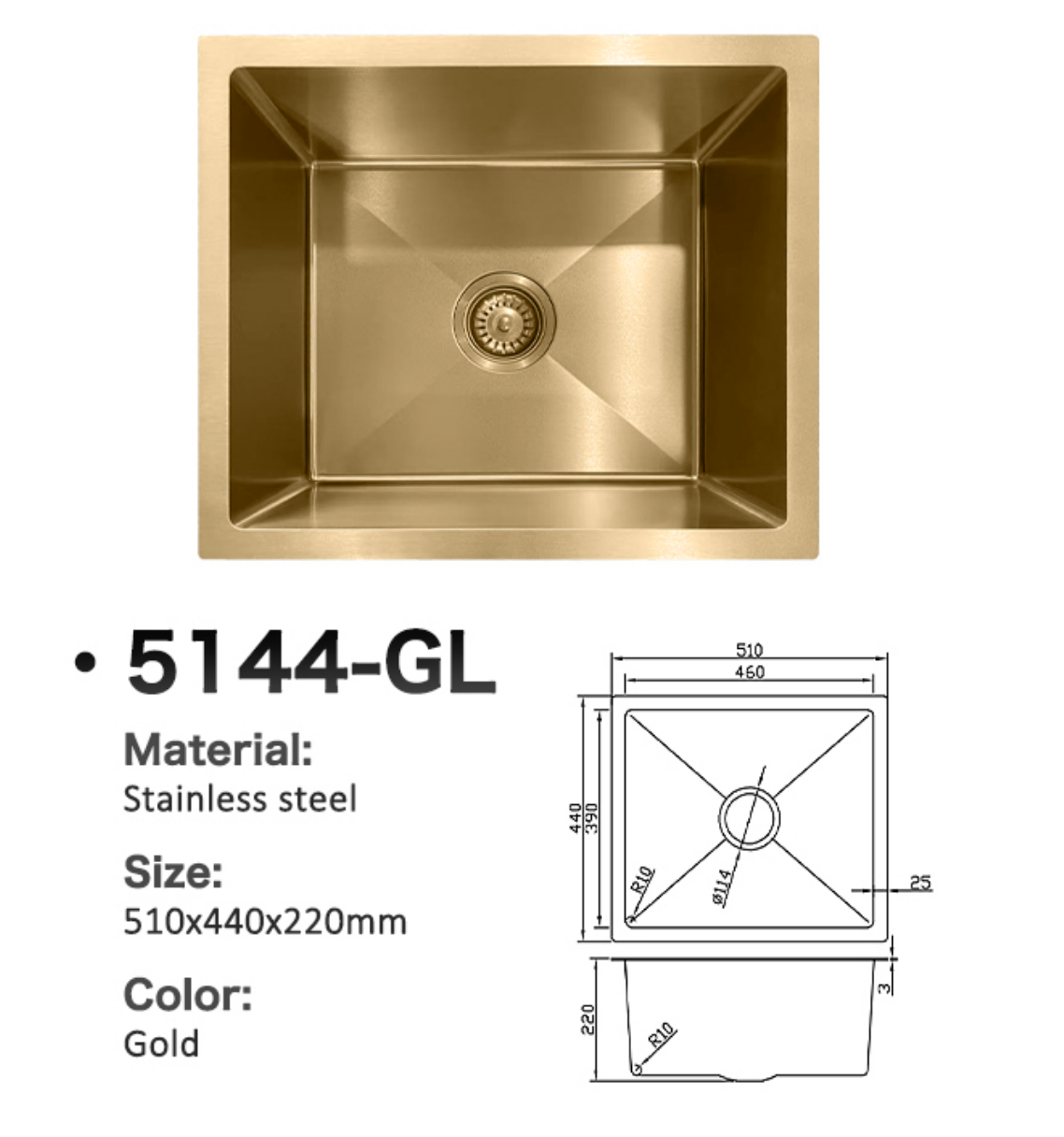 Model 5144-GL gold stainless steel single bowl kitchen sink with 510x440x220mm size specifications diagram.