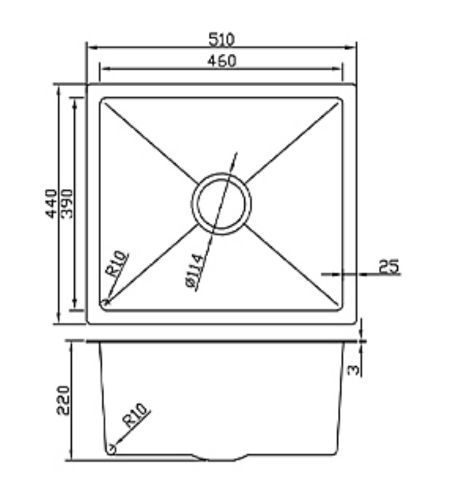 Technical line drawing of a 510x440mm single bowl kitchen sink showing dimensions and 220mm depth.