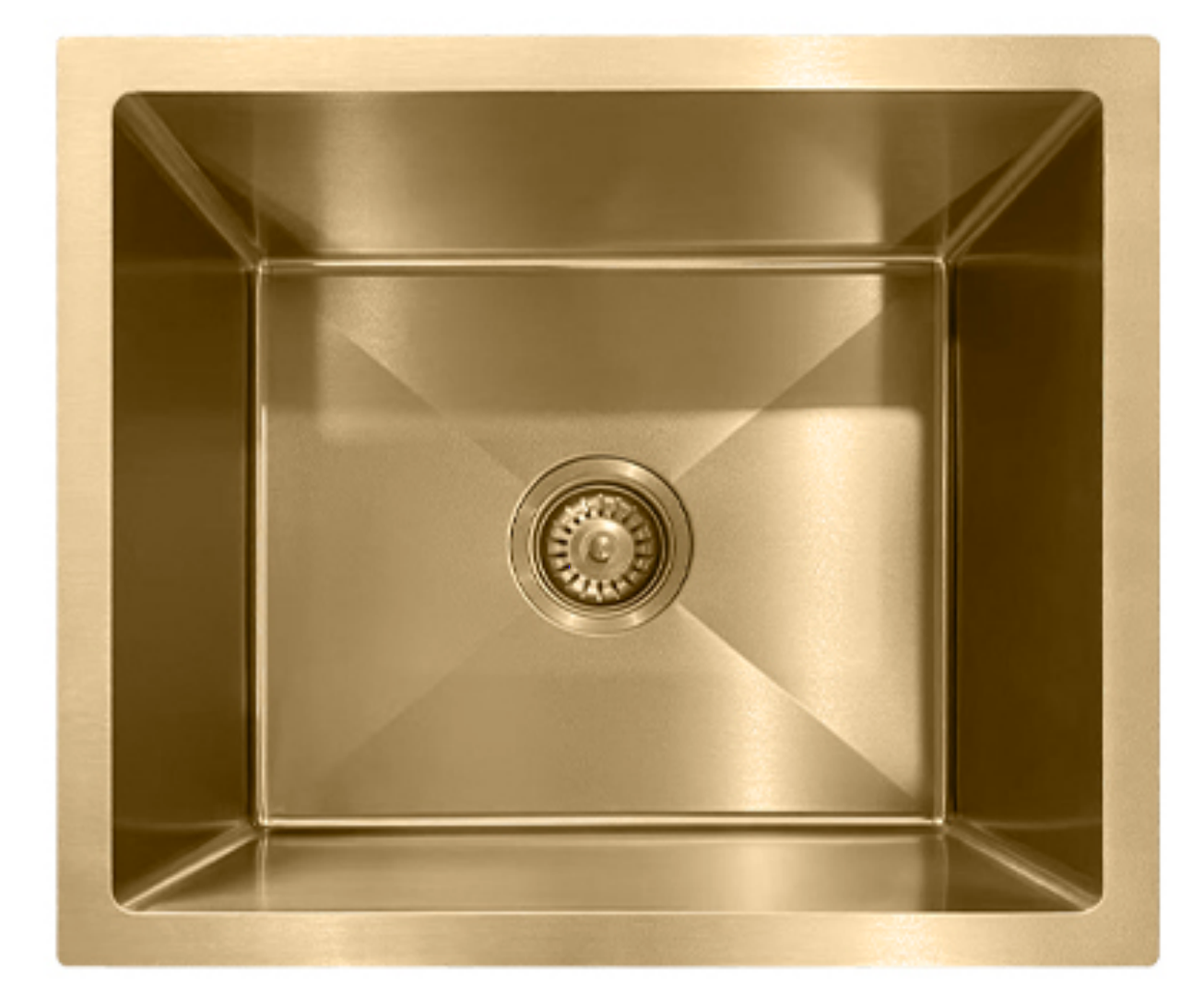 Modern gold square single bowl undermount kitchen sink with brushed metallic finish.