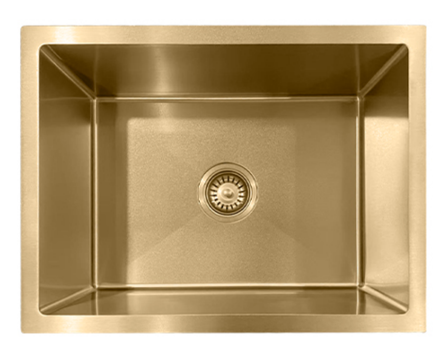 Brushed gold single bowl undermount kitchen sink with center drain and modern rectangular design.
