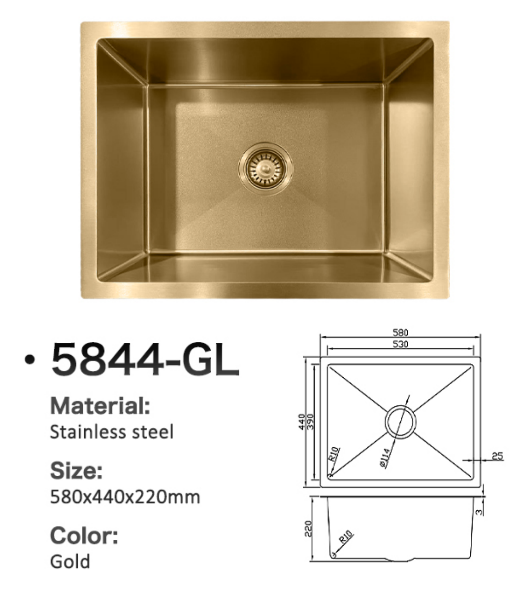 Gold stainless steel single bowl kitchen sink, model 5844-GL, 580x440x220mm with technical diagram.