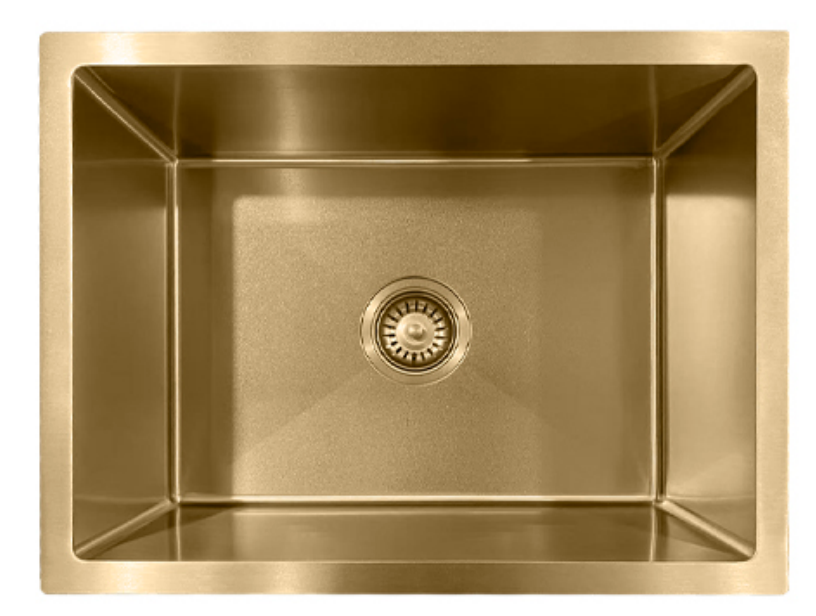 Brushed gold undermount single bowl kitchen sink with center drain basket.