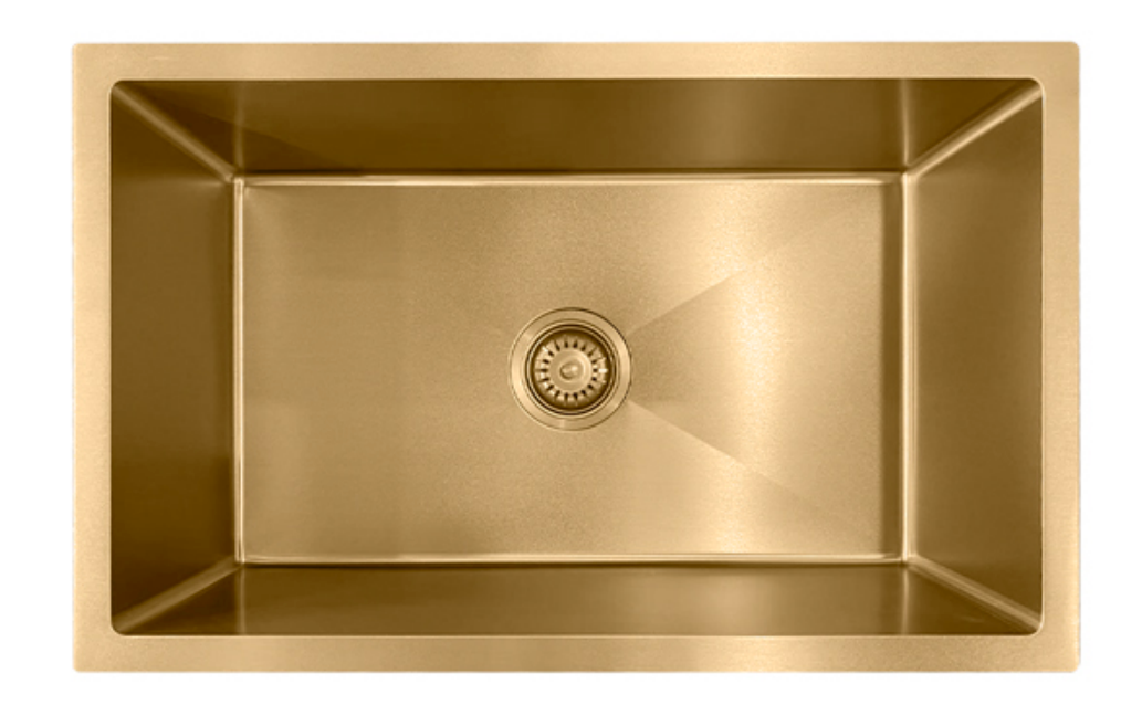 Modern brushed gold stainless steel single bowl rectangular kitchen sink with center drain.