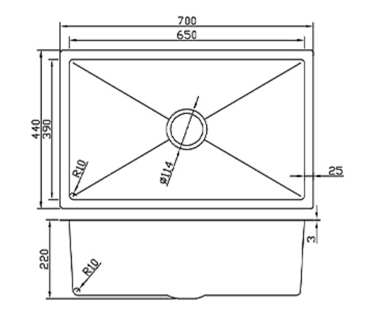 Technical specification diagram of a 700mm single bowl kitchen sink with R10 corners and 220mm depth dimensions.