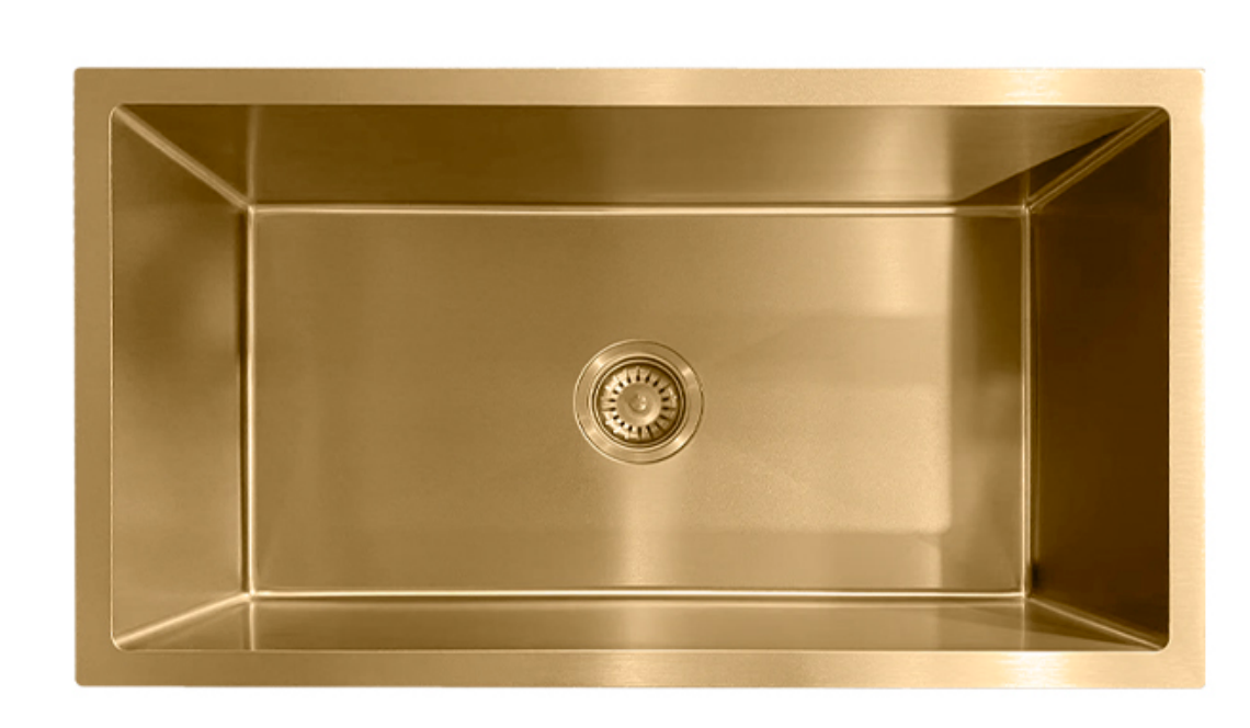 Modern brushed gold rectangular single bowl undermount kitchen sink with center drain strainer.