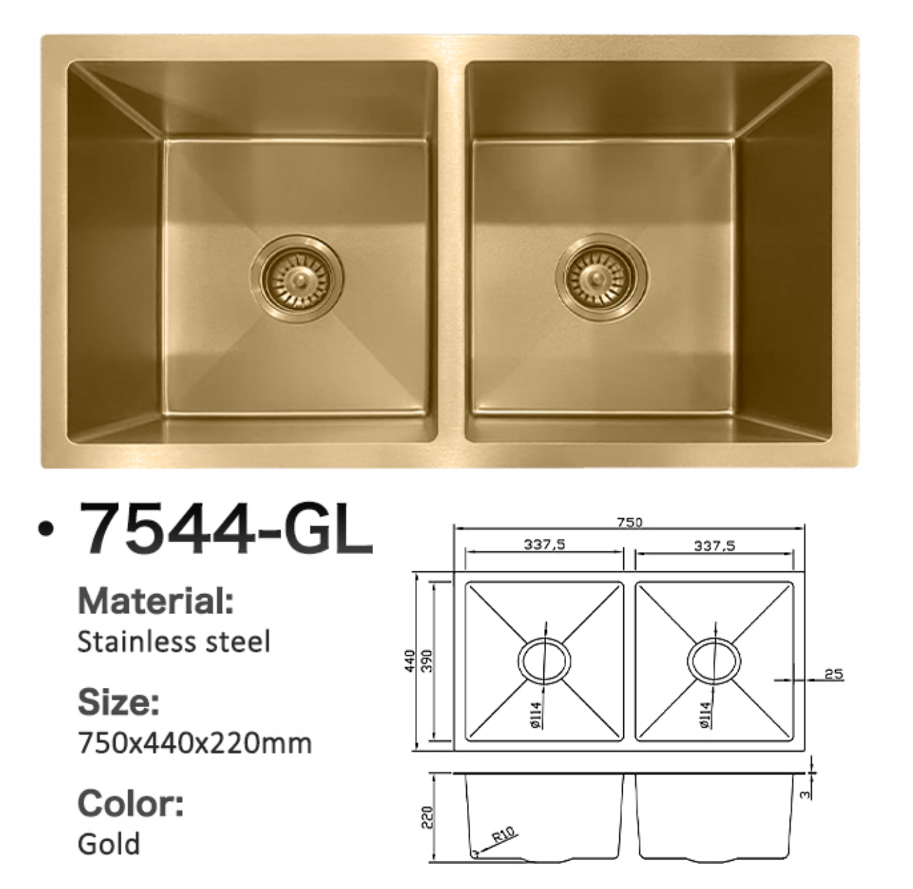 7544-GL gold double bowl stainless steel kitchen sink with technical dimensions 750x440x220mm.