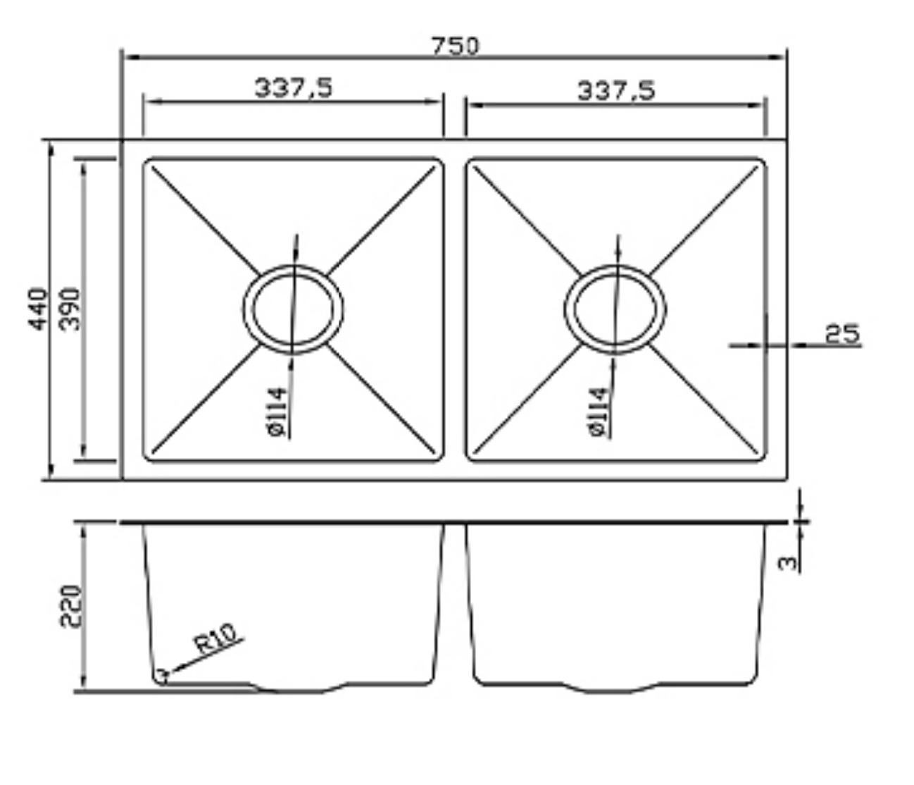 Technical drawing of a 750x440mm double bowl kitchen sink with detailed dimensions and side profile view.