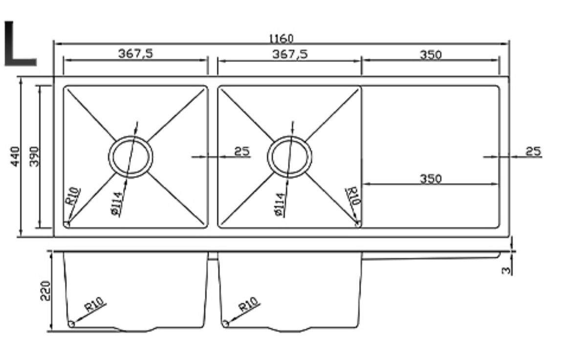Technical specification drawing for a 1160mm double bowl kitchen sink with right-hand drainer and detailed dimensions.