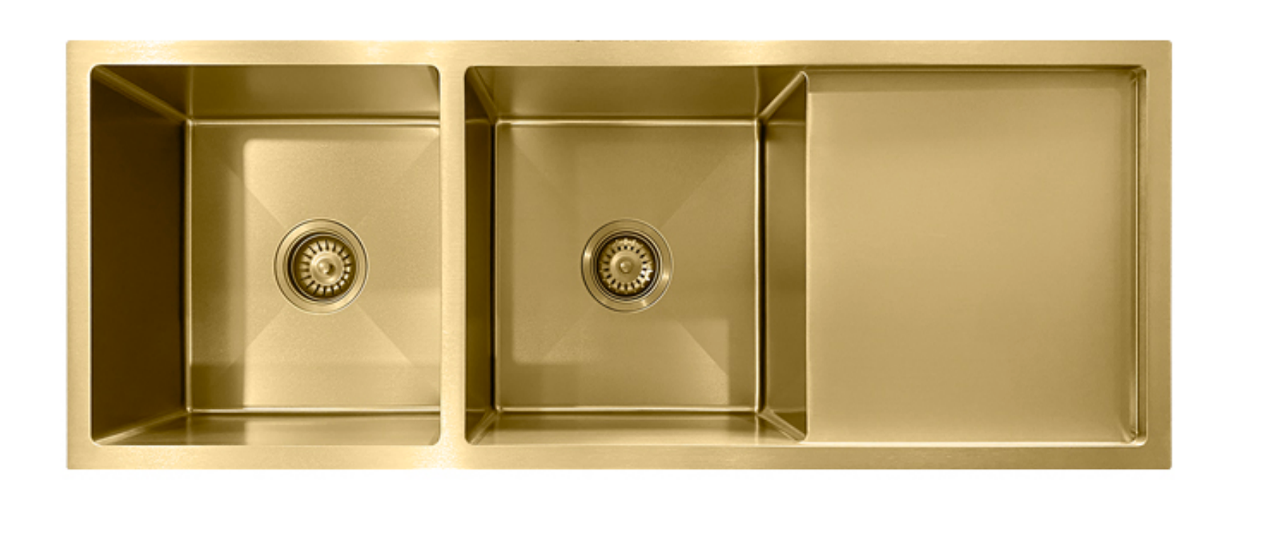 Brushed gold double bowl kitchen sink with integrated drainboard, modern stainless steel design.