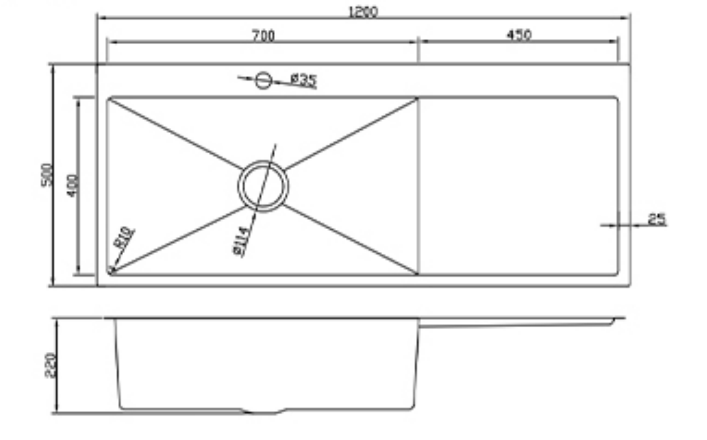 Technical drawing of a single bowl kitchen sink with drainboard and dimensions: 1200x500mm with 220mm depth.