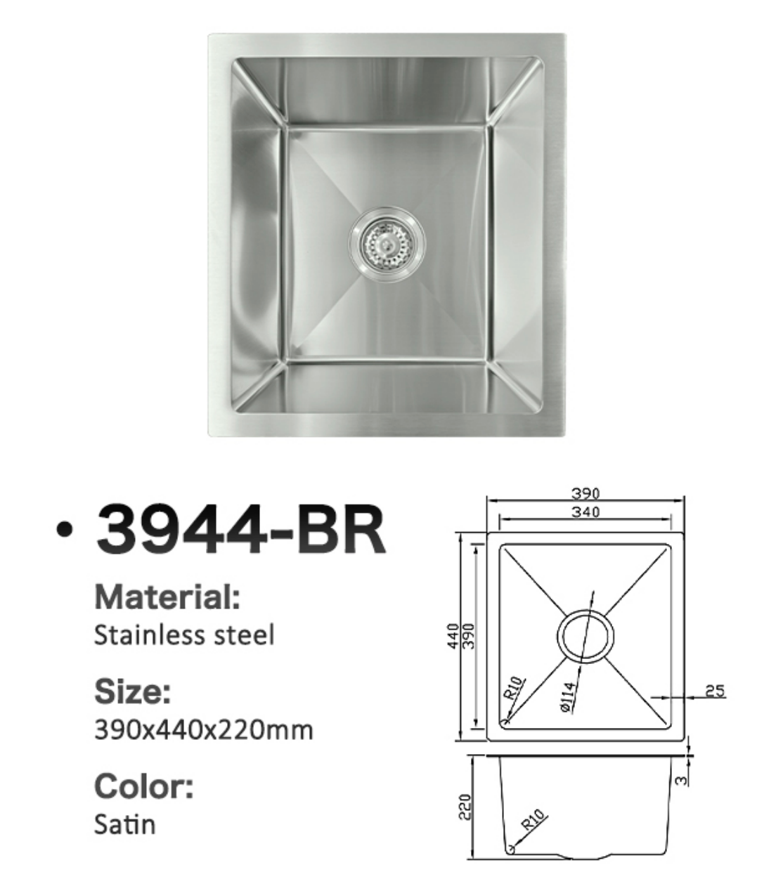 3944-BR Square Satin Stainless Steel Single Bowl Kitchen Sink, 390x440x220mm with technical dimensions.