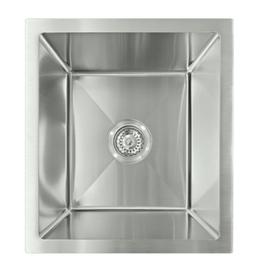 Modern square single bowl brushed stainless steel kitchen sink with center drain.