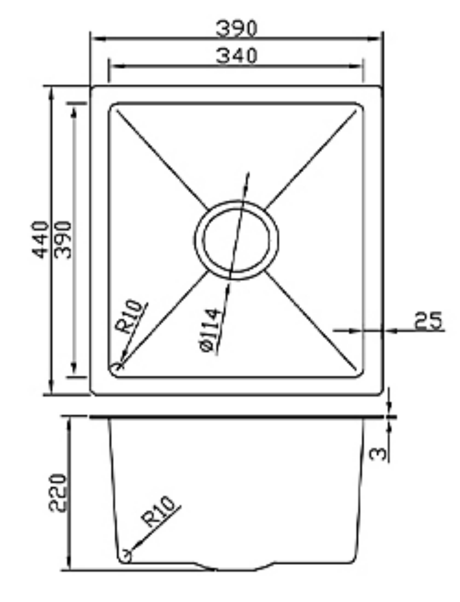 Technical dimension diagram for a 390x440mm rectangular single bowl kitchen sink with 220mm depth and R10 corners.