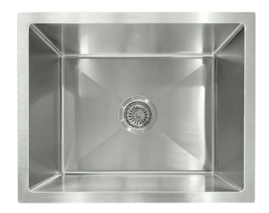 Modern rectangular brushed stainless steel single bowl kitchen sink with center drain.