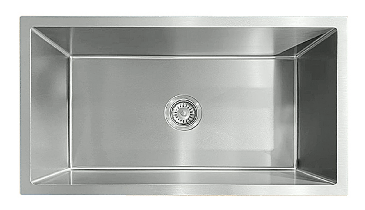 Rectangular stainless steel single bowl kitchen sink with center drain and strainer.