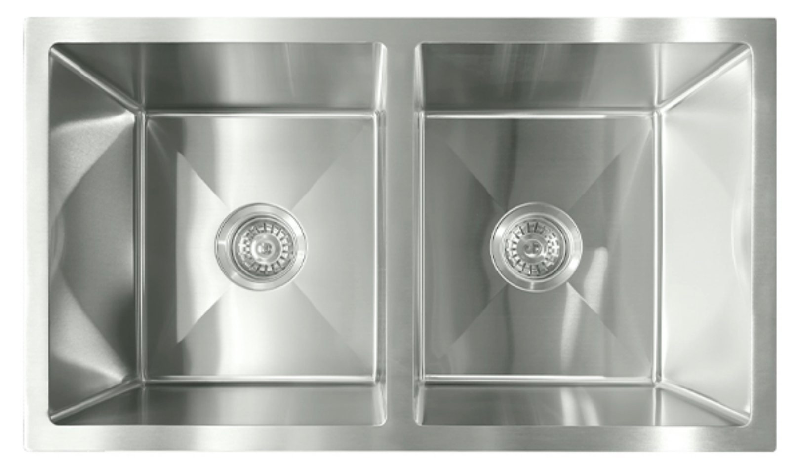 Modern brushed stainless steel double bowl undermount kitchen sink with geometric drainage grooves.