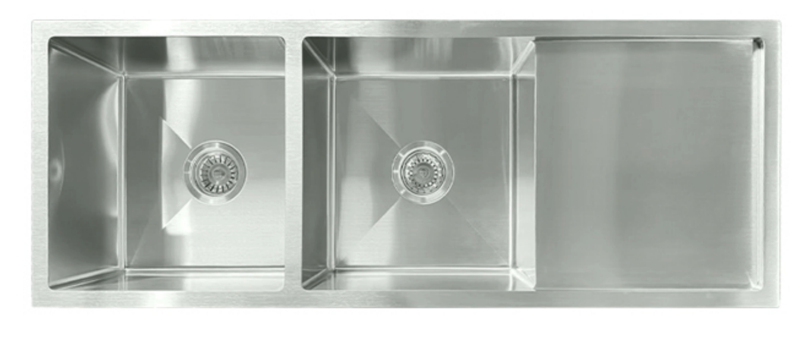 Modern brushed stainless steel double bowl kitchen sink with integrated drainboard.