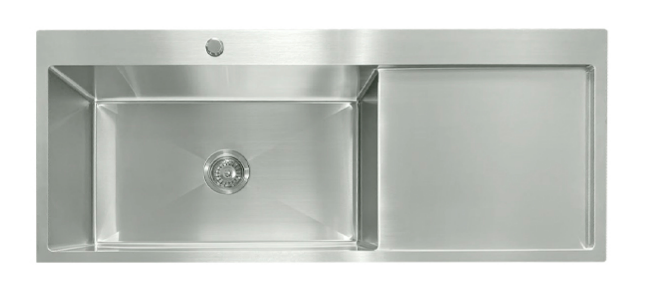 Modern silver stainless steel single bowl kitchen sink with right-hand drainboard.