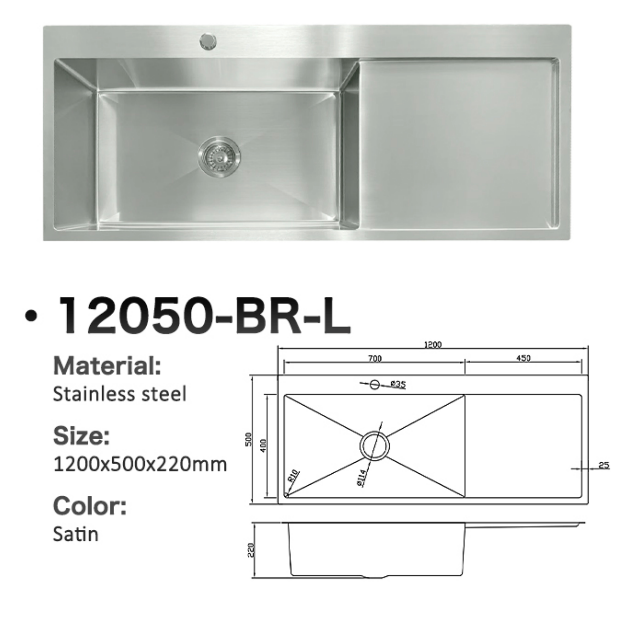 Satin finish stainless steel single bowl kitchen sink with drainer, 1200x500x220mm, model 12050-BR-L.