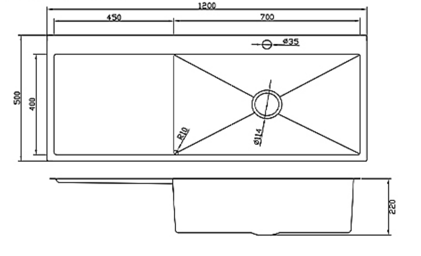 Technical drawing of a 1200mm single bowl kitchen sink with drainboard showing layout and dimensions.