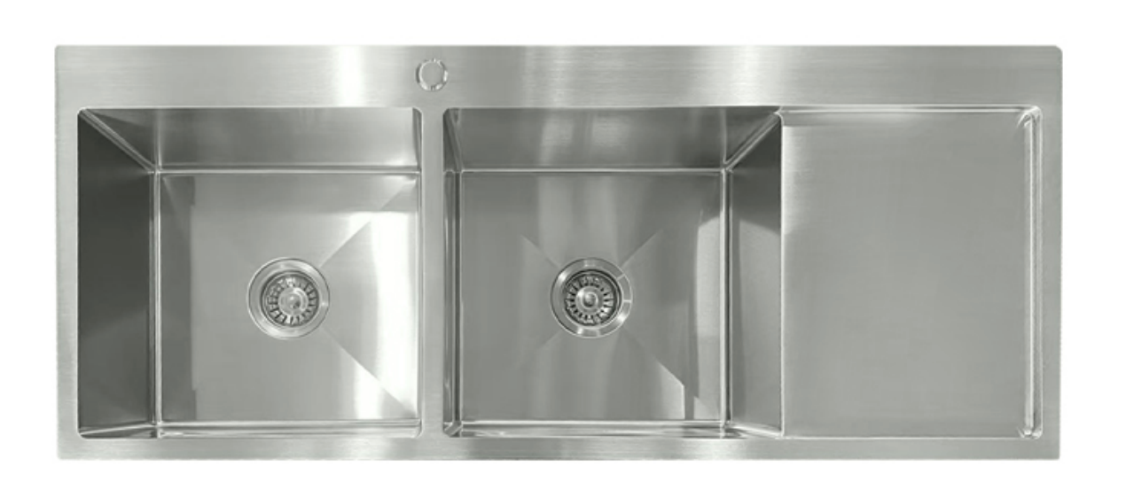 Brushed stainless steel double bowl kitchen sink with integrated side drainboard and pre-drilled tap hole.