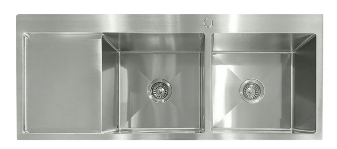 Modern brushed stainless steel double bowl kitchen sink with integrated drainboard.