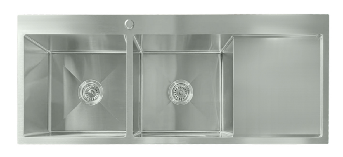 Modern stainless steel double bowl kitchen sink with integrated side drainboard.